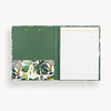 tropical pattern clipfolio, open to show green interior pocket and lined notepad