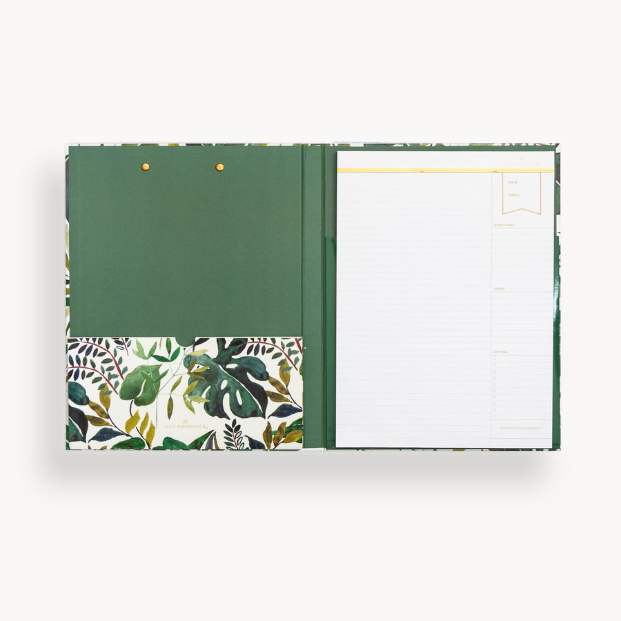 tropical pattern clipfolio, open to show green interior pocket and lined notepad