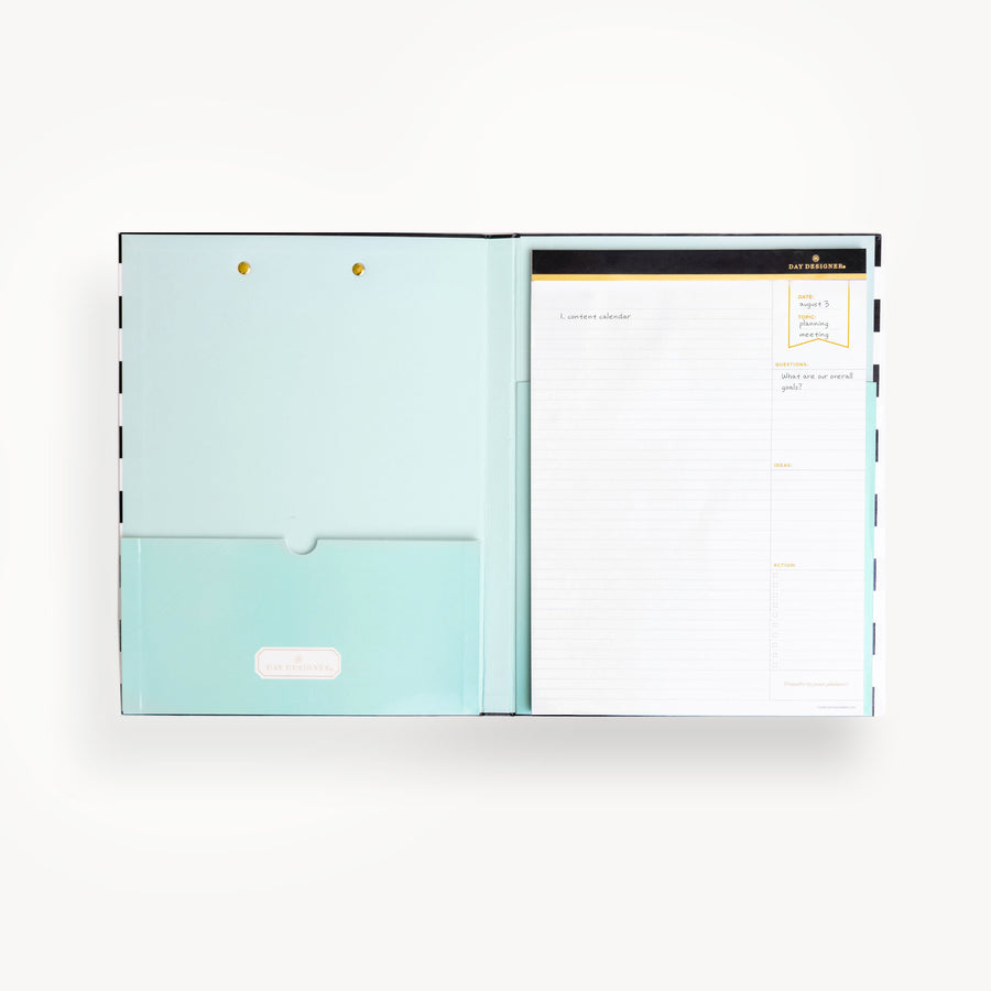 clipfolio open to show mint liner, pocket and lined note pad