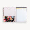 romantic floral pattern clipfolio with light pink interior pocket and lined pad on a cream background