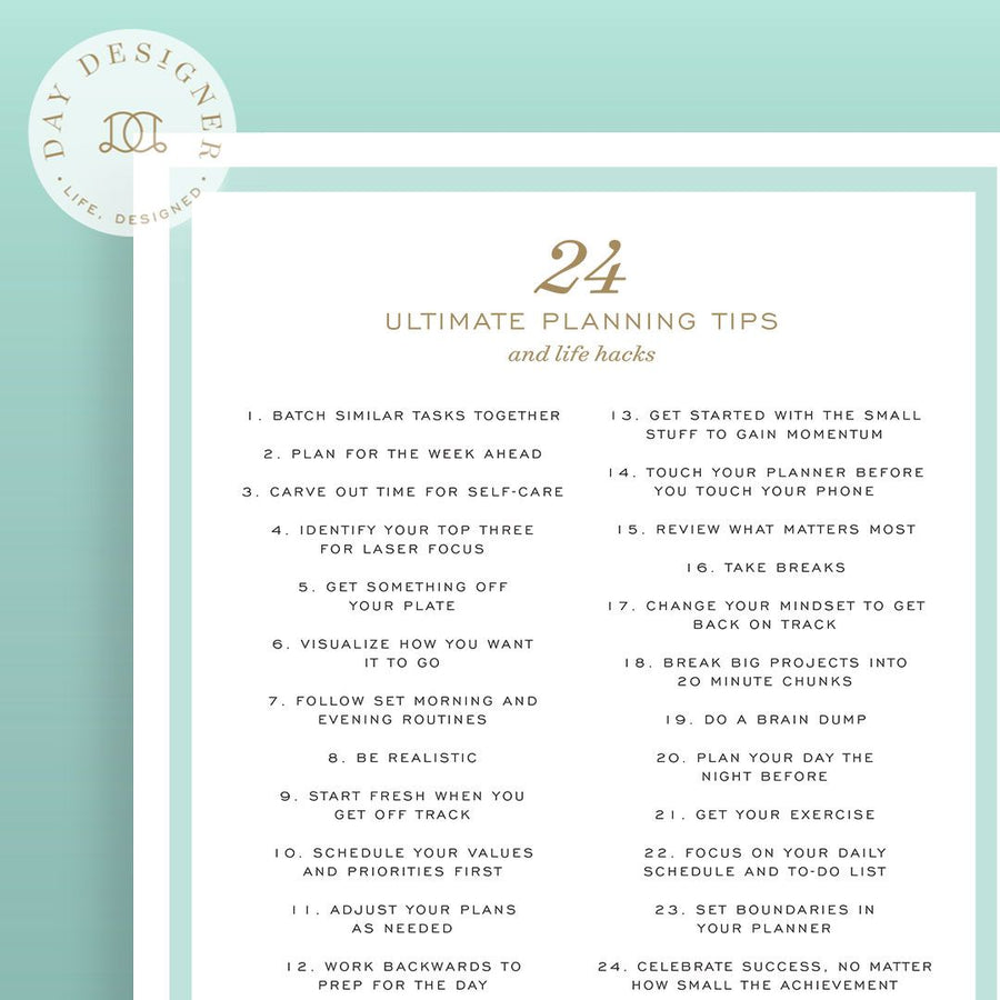 Close up image of 24 ultimate planning tips printable on a mint background