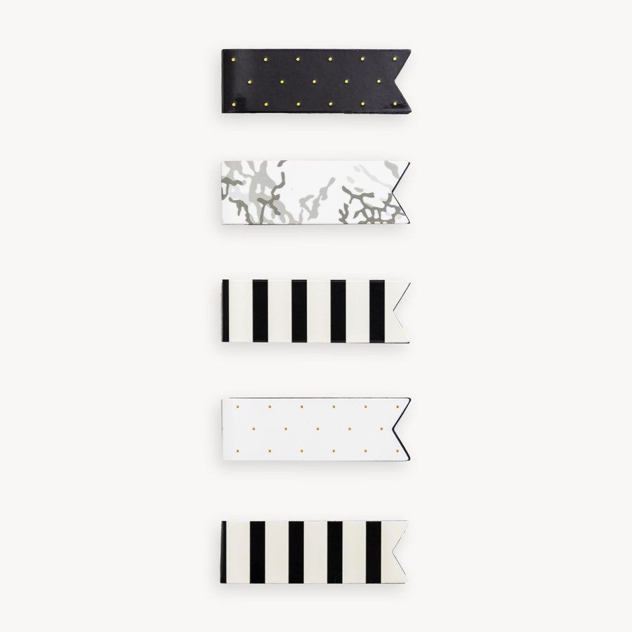 set of five magnetic bookmarks with assorted black and white patterns