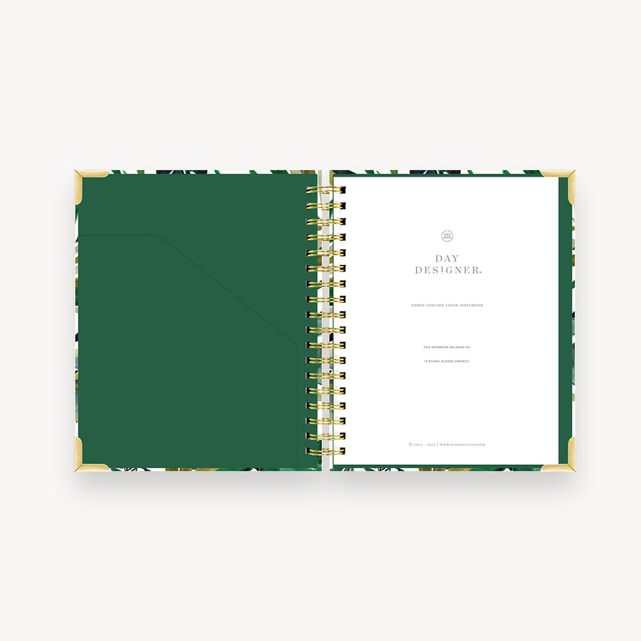 notes book, open to show green pocket and liner and white pages