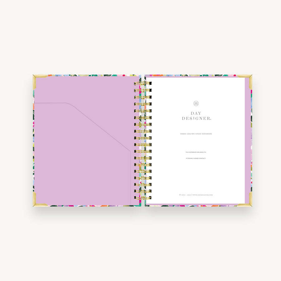 colorful floral notebook open with lavender liner