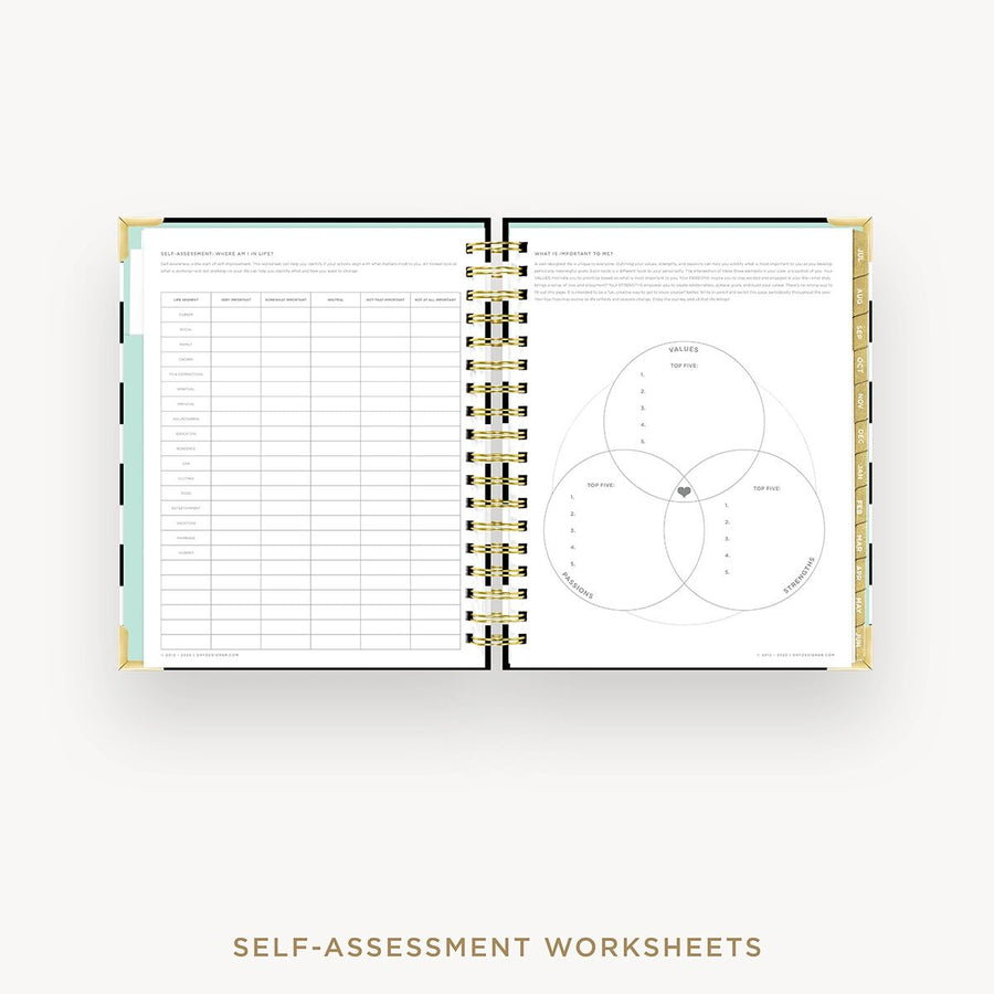 Day Designer 2026-27 weekly planner: Black Stripe cover with self assessment worksheet