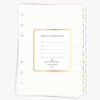 Planner insert with gold polka dots and personal information section on a white background