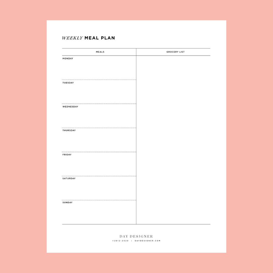 weekly meal plan printable, monday through sunday column, grocery list, on a peach background