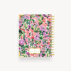 back notebook cover, red, purple, pink flowers, green leaves, gold binding and day designer logo