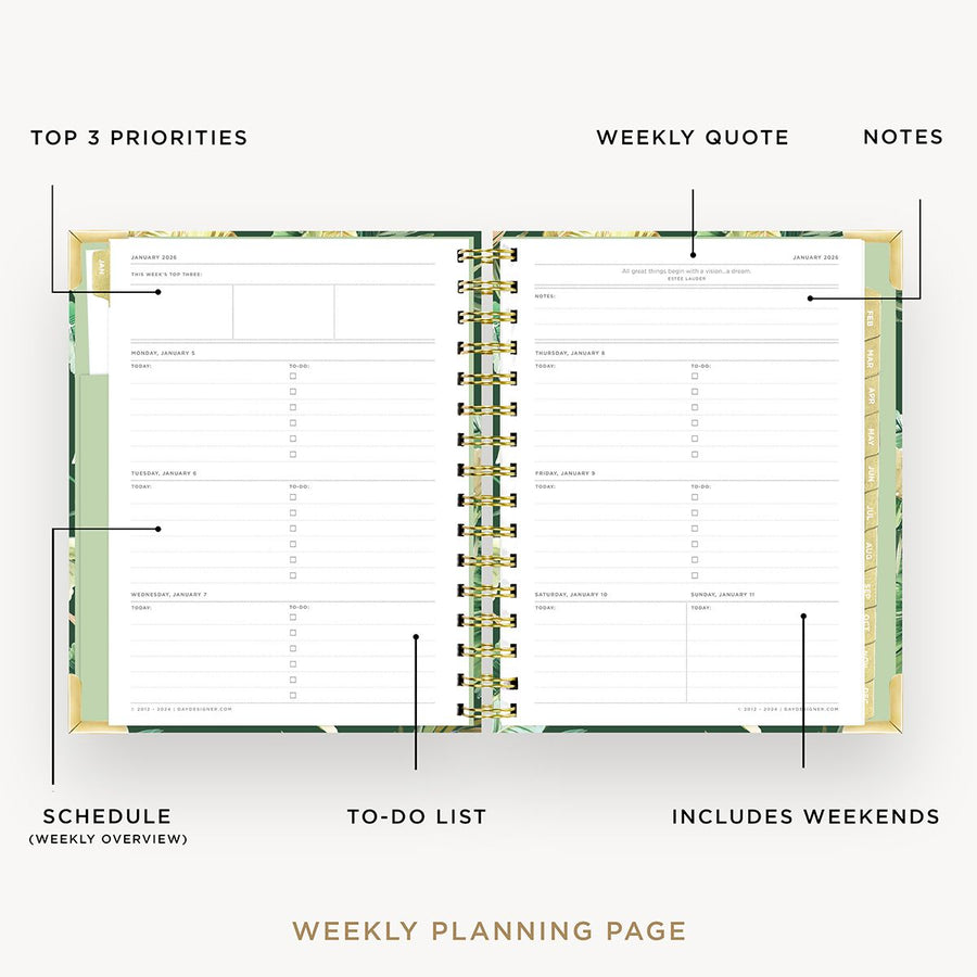 Day Designer 2026 mini weekly planner: st barts opened with captions of contents