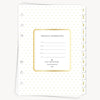Planner insert with gold polka dots and personal information section on a white background