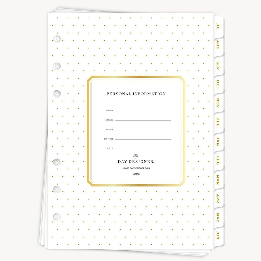 Planner insert with gold polka dots and personal information section on a white background