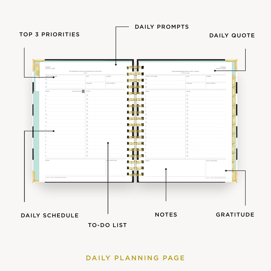 Day Designer 2024 daily planner: Black Stripe opened with captions of contents