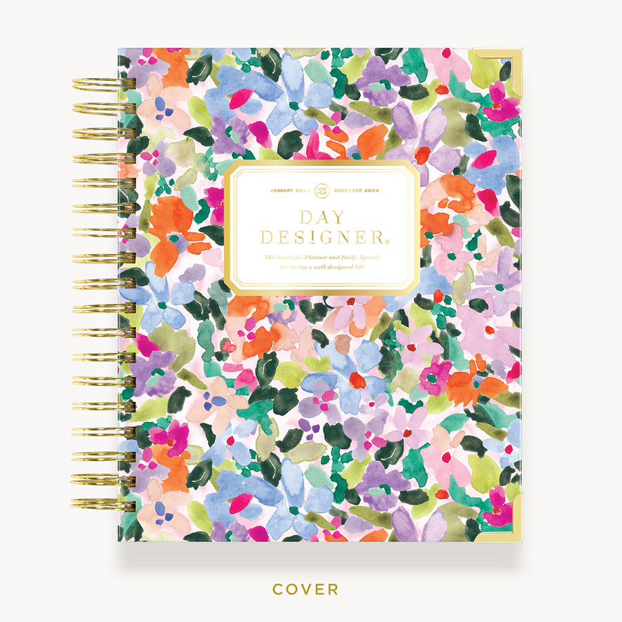 Day Designer 2024 daily planner: Blurred Spring hard cover, gold wire binding