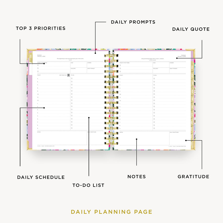 Day Designer 2024 daily planner: Blurred Spring opened with captions of contents