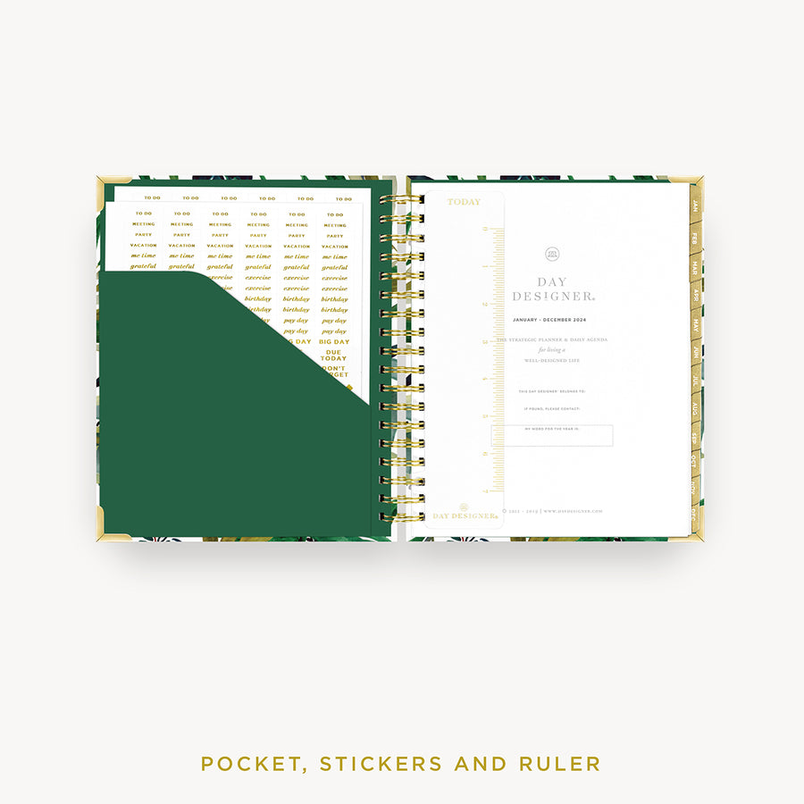 Day Designer 2024 daily planner: Bali cover with pocket and gold stickers