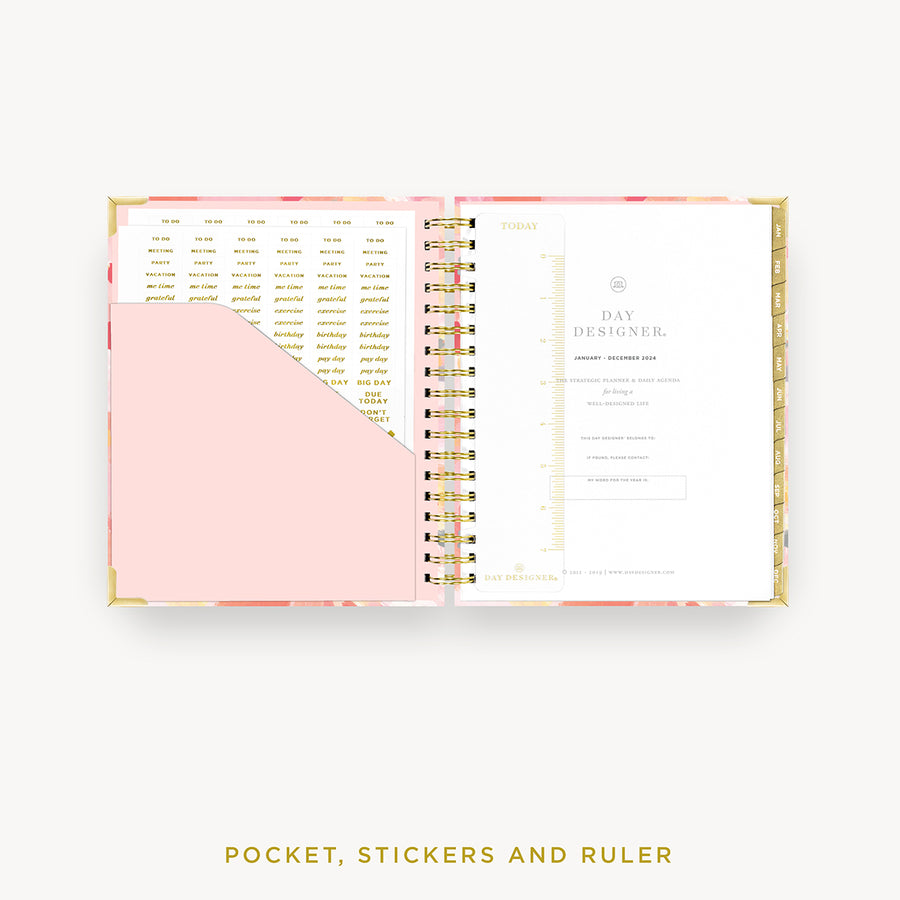 Day Designer 2024 daily planner: Sunset cover with pocket and gold stickers