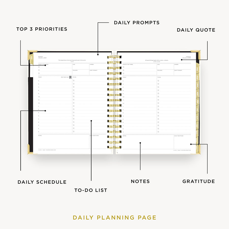 Day Designer 2024 daily planner: Classic Dot opened with captions of contents