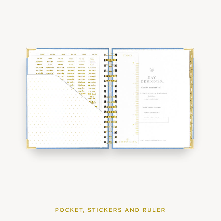 Day Designer 2024 daily planner: Chambray Bookcloth cover with pocket and gold stickers