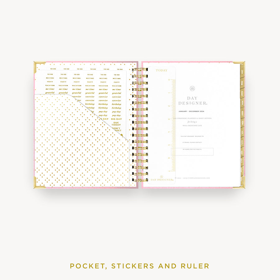 Day Designer 2024 daily planner: Peony Bookcloth cover with pocket and gold stickers