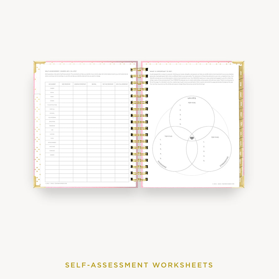 Day Designer 2024 daily planner: Peony Bookcloth cover with self assessment worksheet
