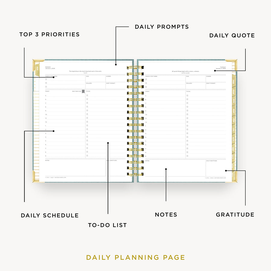 Day Designer 2024 daily planner: Sage Bookcloth opened with captions of contents