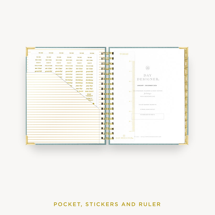 Day Designer 2024 daily planner: Sage Bookcloth cover with pocket and gold stickers