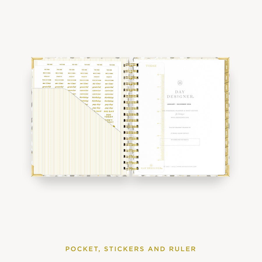 Day Designer 2024 daily planner: Chic cover with pocket and gold stickers