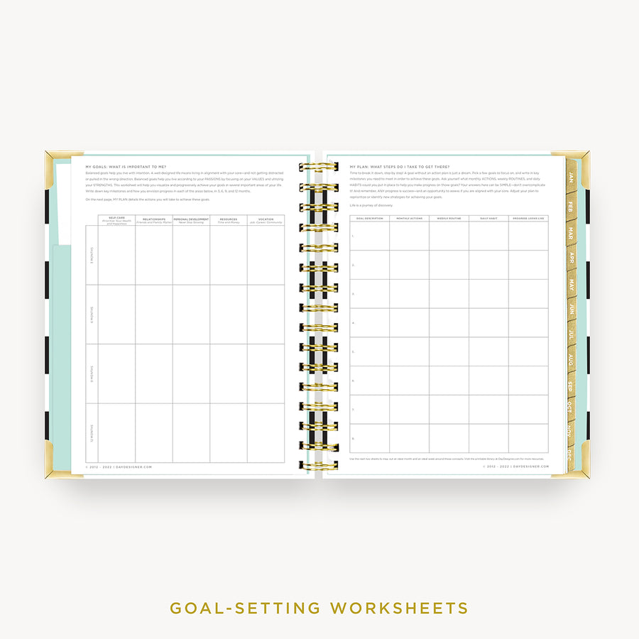 Day Designer 2024 mini daily planner: Black Stripe cover with goals worksheet