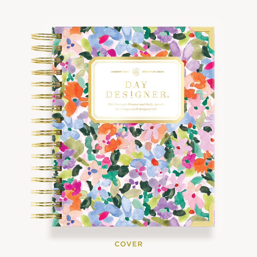 Day Designer 2024 mini daily planner: Blurred Spring hard cover, gold wire binding
