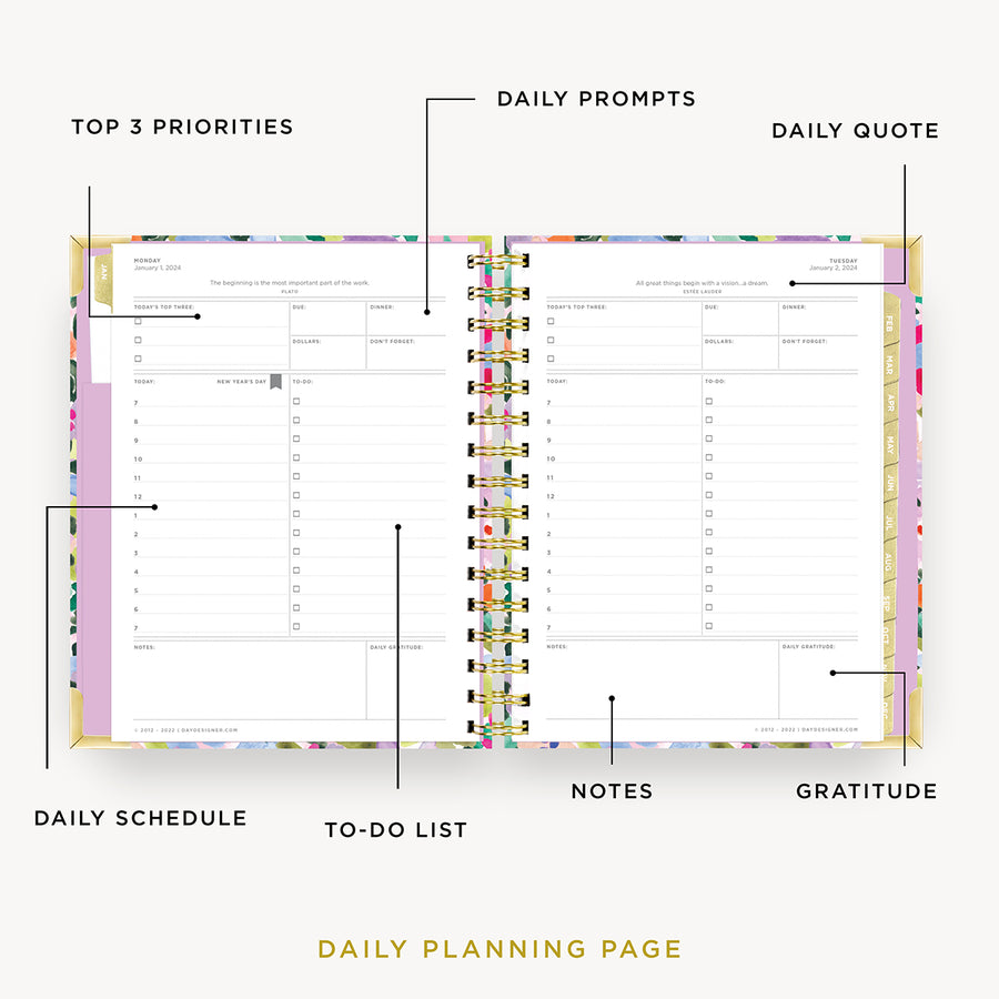 Day Designer 2024 mini daily planner: Blurred Spring opened with captions of contents