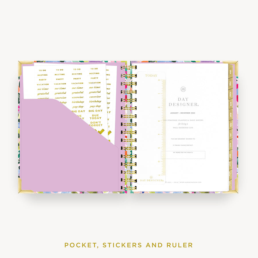 Day Designer 2024 mini daily planner: Blurred Spring cover with pocket and gold stickers