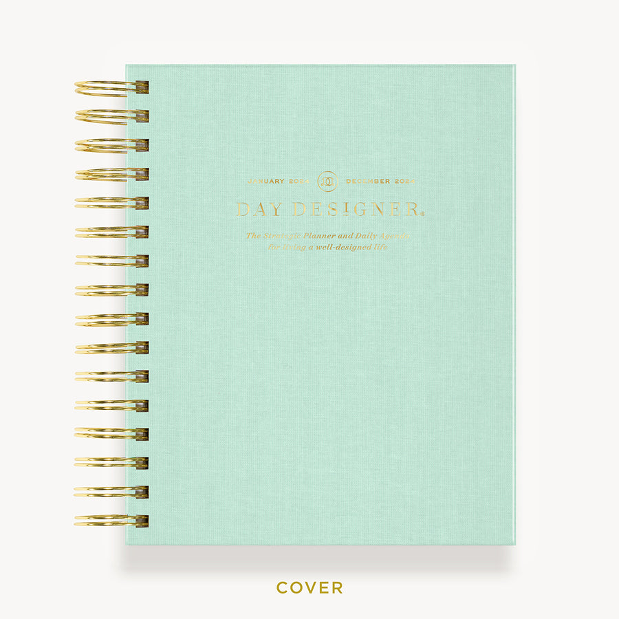 Day Designer 2024 mini daily planner: Sage Bookcloth hard cover, gold wire binding