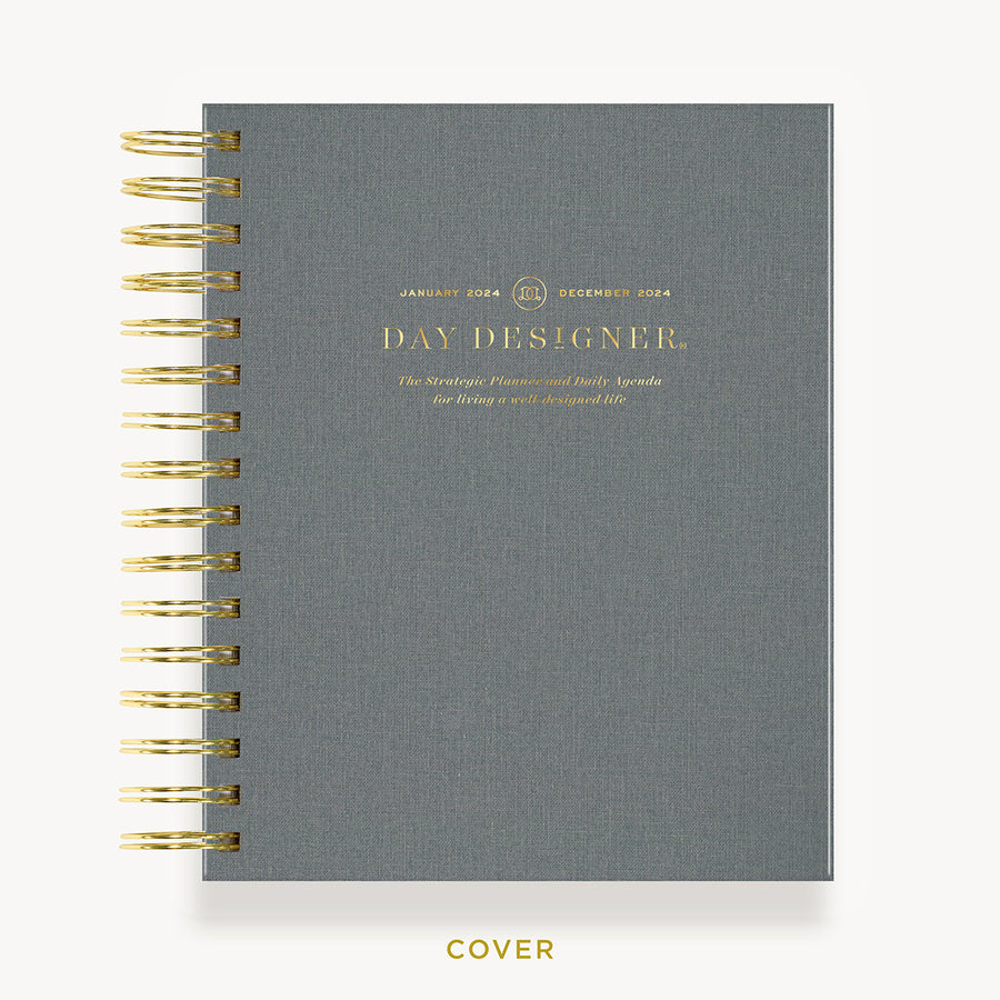 Day Designer 2024 mini daily planner: Charcoal Bookcloth hard cover, gold wire binding