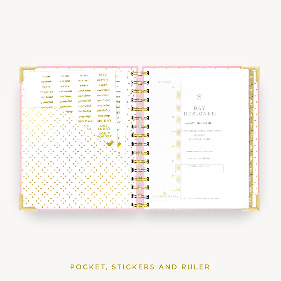 Day Designer 2024 mini daily planner: Peony Bookcloth cover with pocket and gold stickers