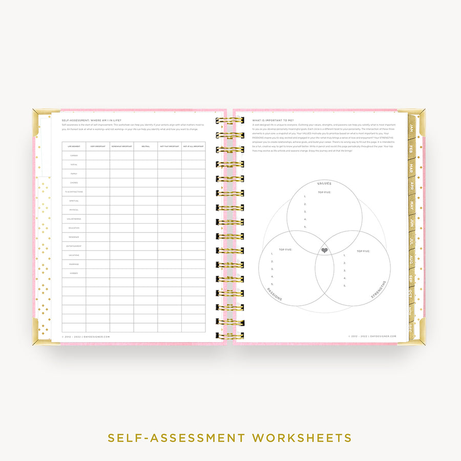 Day Designer 2024 mini daily planner: Peony Bookcloth cover with self assessment worksheet