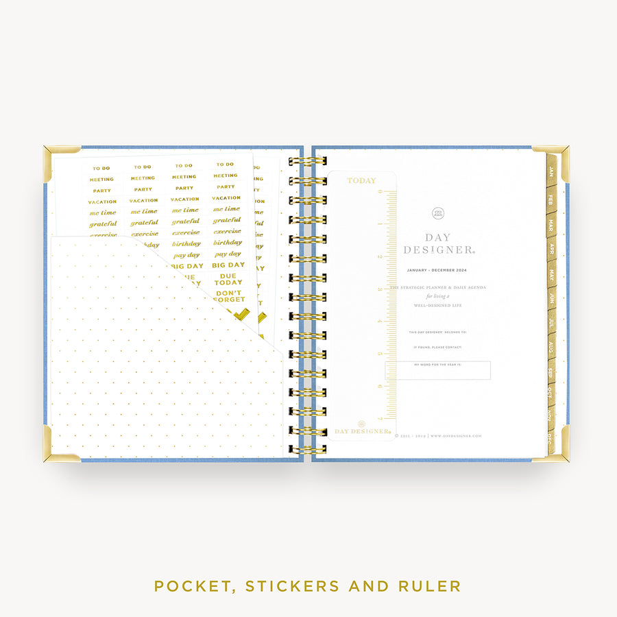 Day Designer 2024 mini daily planner: Chambray Bookcloth cover with pocket and gold stickers