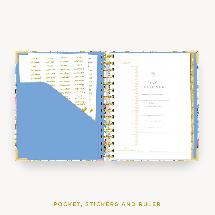 Day Designer 2024 mini daily planner: Flutter cover with pocket and gold stickers