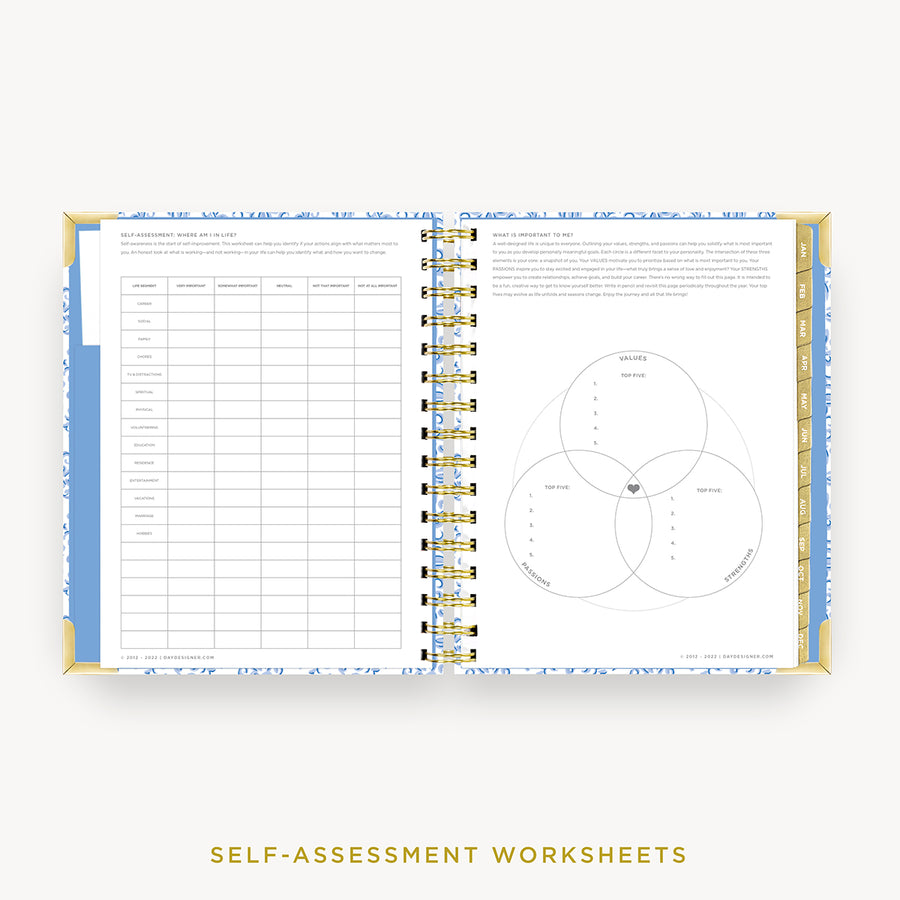 Day Designer 2024 mini daily planner: Serenity Tile cover with self assessment worksheet