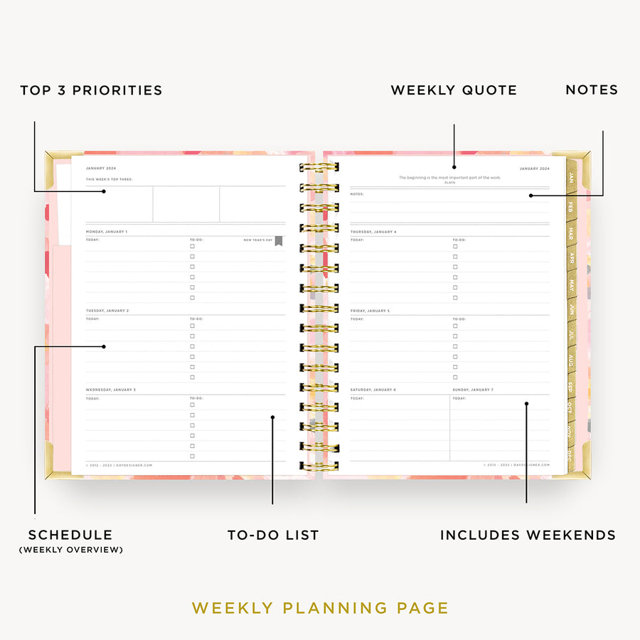 Day Designer 2024 mini weekly planner: Sunset opened with captions of contents