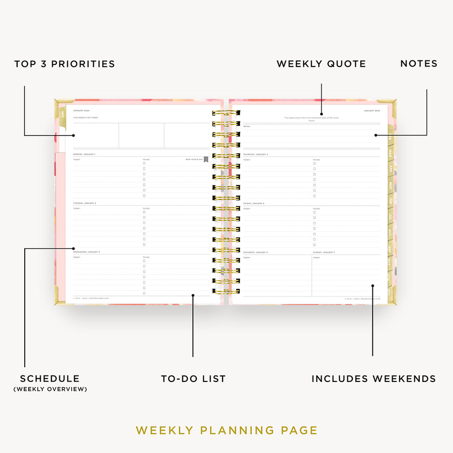 Day Designer 2024 weekly planner: Sunset opened with captions of contents