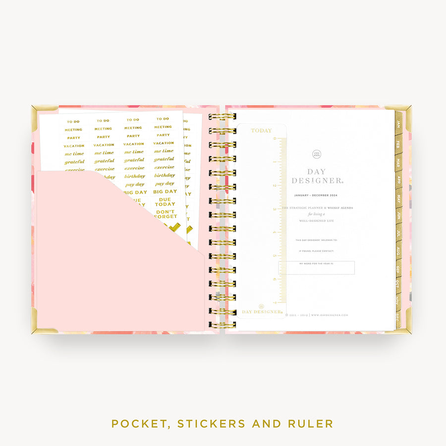 Day Designer 2024 mini weekly planner: Sunset cover with pocket and gold stickers