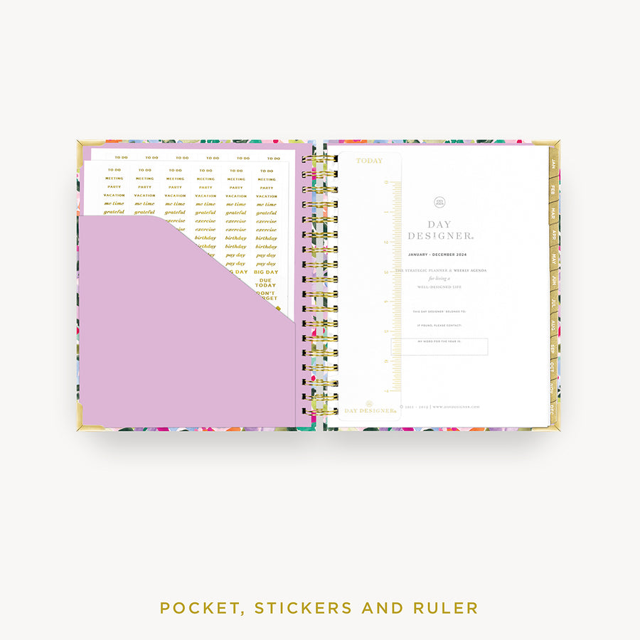 Day Designer 2024 weekly planner: Blurred Spring cover with pocket and gold stickers