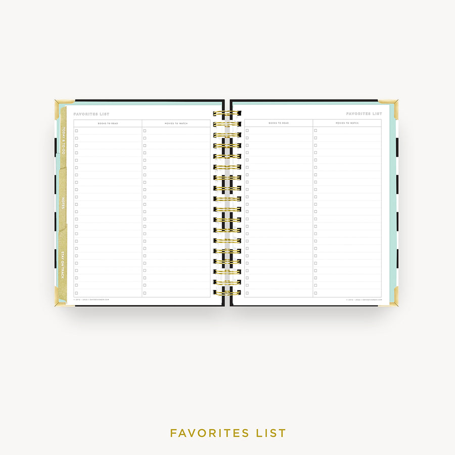 Day Designer 2024 weekly planner: Black Stripe cover with favorite books and movies pages