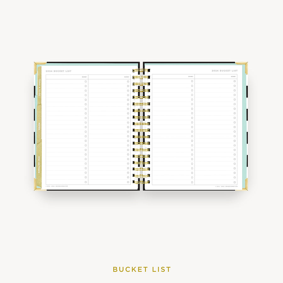Day Designer 2024 weekly planner: Black Stripe cover with bucket list