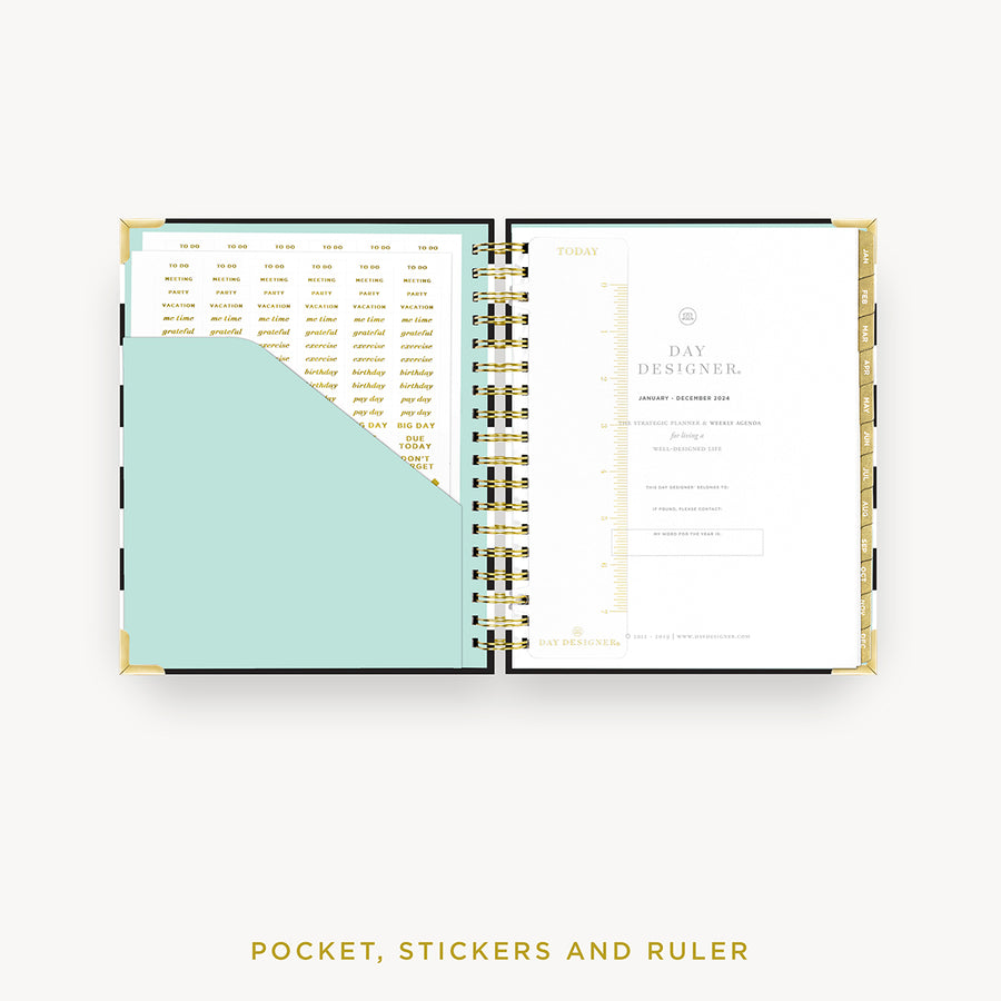 Day Designer 2024 weekly planner: Black Stripe cover with pocket and gold stickers