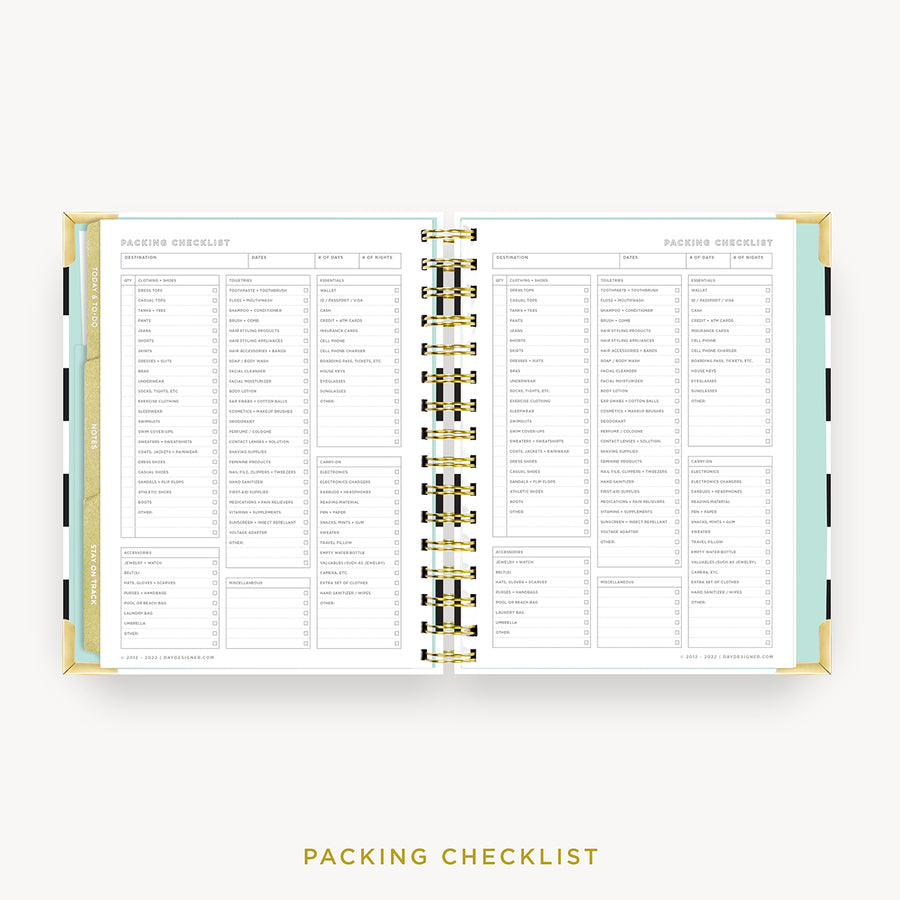 Day Designer 2024 mini weekly planner: Black Stripe cover with packing checklist