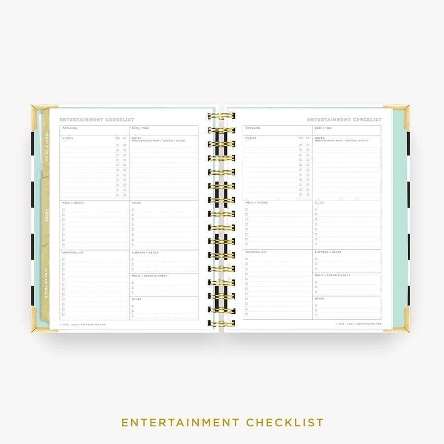 Day Designer 2024 mini weekly planner: Black Stripe cover with entertainment party planner