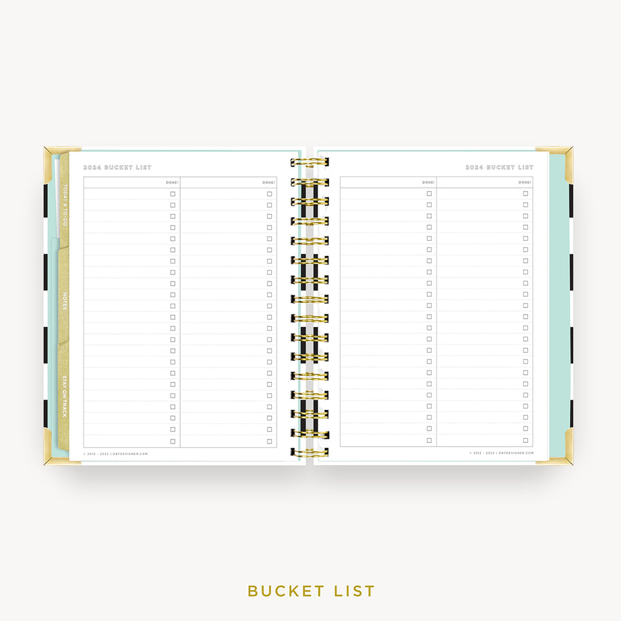 Day Designer 2024 mini weekly planner: Black Stripe cover with bucket list