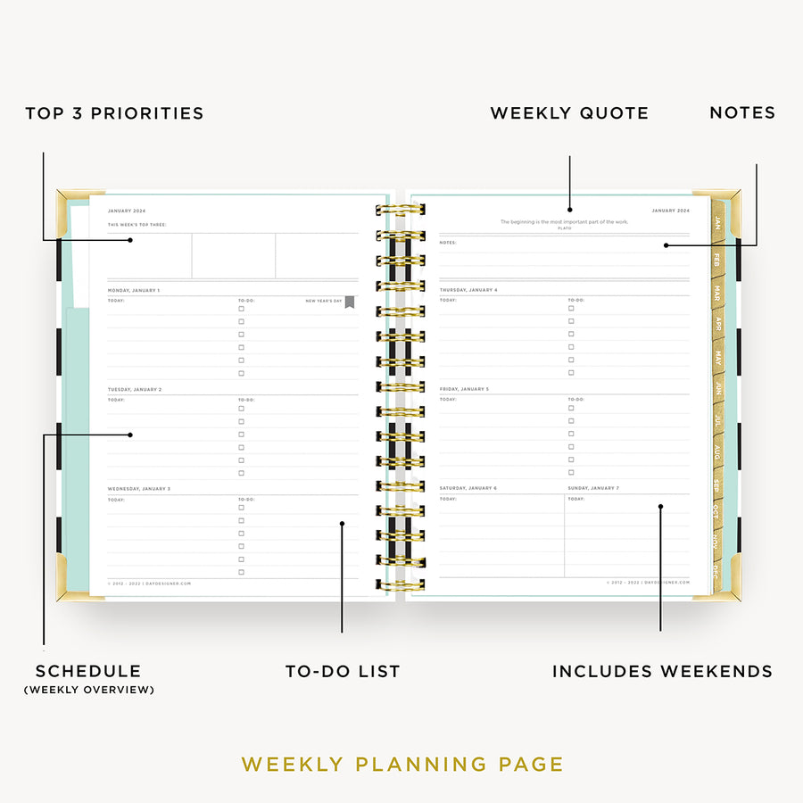 Day Designer 2024 mini weekly planner: Black Stripe opened with captions of contents