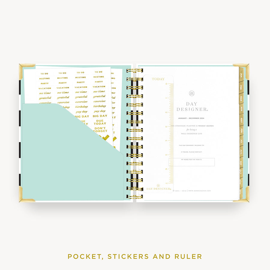 Day Designer 2024 mini weekly planner: Black Stripe cover with pocket and gold stickers